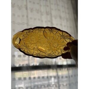 9.5" Amber Gold Glass Sunflower Bread Candy Sauce Tray Trinket Bowl